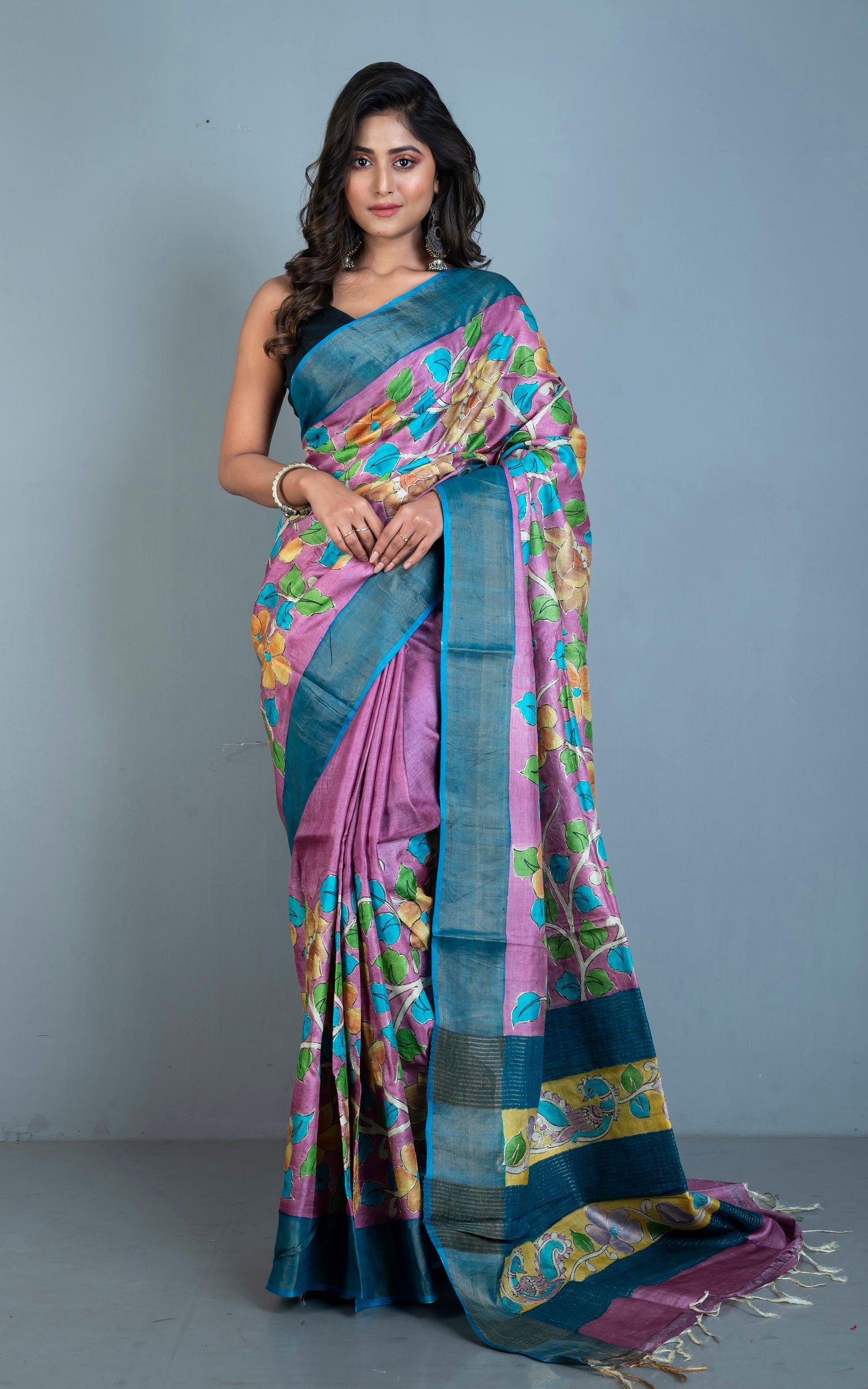 Designer Tussar Silk Saree in Pink Purple, Blue and Multicolored Prints embellished with Silver Zari Hand Embroidery Pitai Work