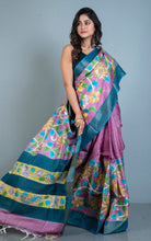 Designer Tussar Silk Saree in Pink Purple, Blue and Multicolored Prints embellished with Silver Zari Hand Embroidery Pitai Work
