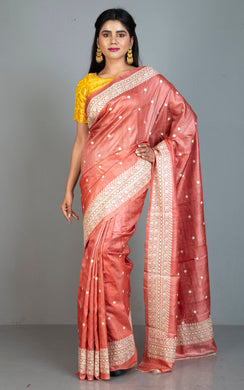 Designer Nakshi Embroidery with Mukesh Work Tussar Silk Saree in Mocha Rose and Off white