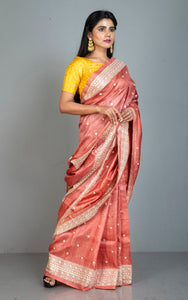 Designer Nakshi Embroidery with Mukesh Work Tussar Silk Saree in Red Sandalwood and Off white