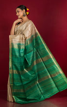 Pure Handloom Gicha Tussar Saree in Natural Tussar Color and Emerald Green