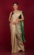 Pure Handloom Gicha Tussar Saree in Natural Tussar Color and Emerald Green