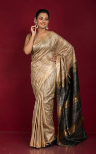 Pure Handloom Gicha Tussar Saree in Natural Tussar Color and Charcoal Black