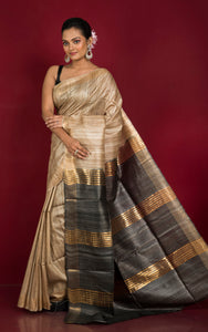 Pure Handloom Gicha Tussar Saree in Natural Tussar Color and Charcoal Black