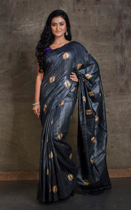Embroidered Work Colored Gicha Tussar Silk Saree in Obsidian Black and Pale Gold