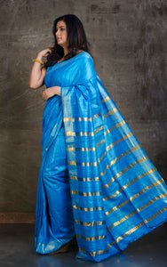 Fashionable Gicha Tussar Silk Saree with Woven Gold Bands Pallu in Mariner Blue and Golden