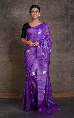 Embroidered Work Colored Gicha Tussar Silk Saree in Purple and Silver White