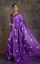 Embroidered Work Colored Gicha Tussar Silk Saree in Purple and Silver White