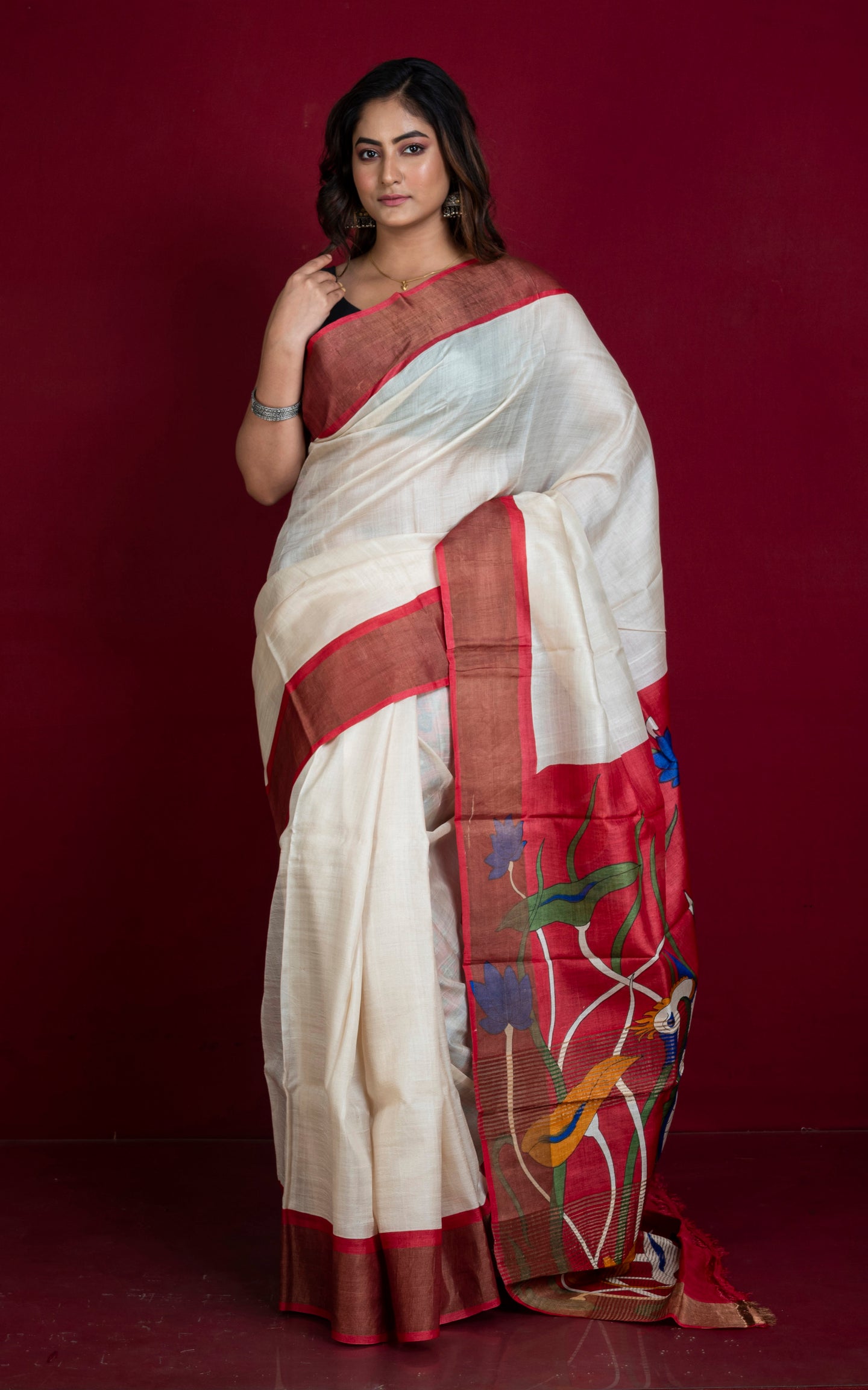 Kalamkari Printed Pallu and Blouse PIece Tussar Silk Saree in Off White, Red and Multcolored with Matte finish Zari Border