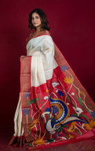 Kalamkari Printed Pallu and Blouse PIece Tussar Silk Saree in Off White, Red and Multcolored with Matte finish Zari Border