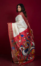 Kalamkari Printed Pallu and Blouse PIece Tussar Silk Saree in Off White, Red and Multcolored with Matte finish Zari Border