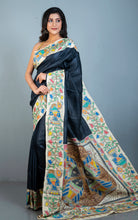 Hand Paint Madhubani on Premium Quality Gachi Tussar Silk Saree in Black, Beige and Multicolored