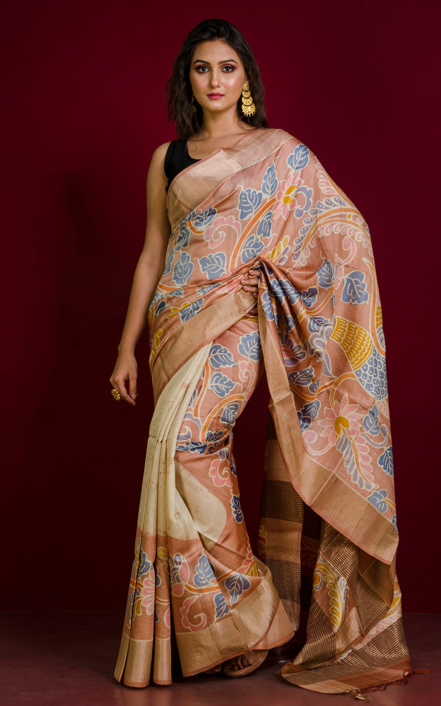 Kalamkari Batick Printed Soft Tussar Silk Saree in Beige, Rose Gold, Brush Gold and Multicolored