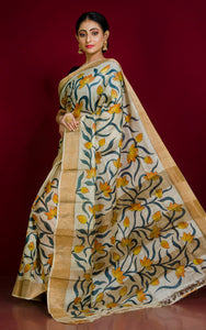 Kalamkari Printed Soft Tussar Silk Saree in Beige, Dark Grey, Pastel Orange and Brush Gold