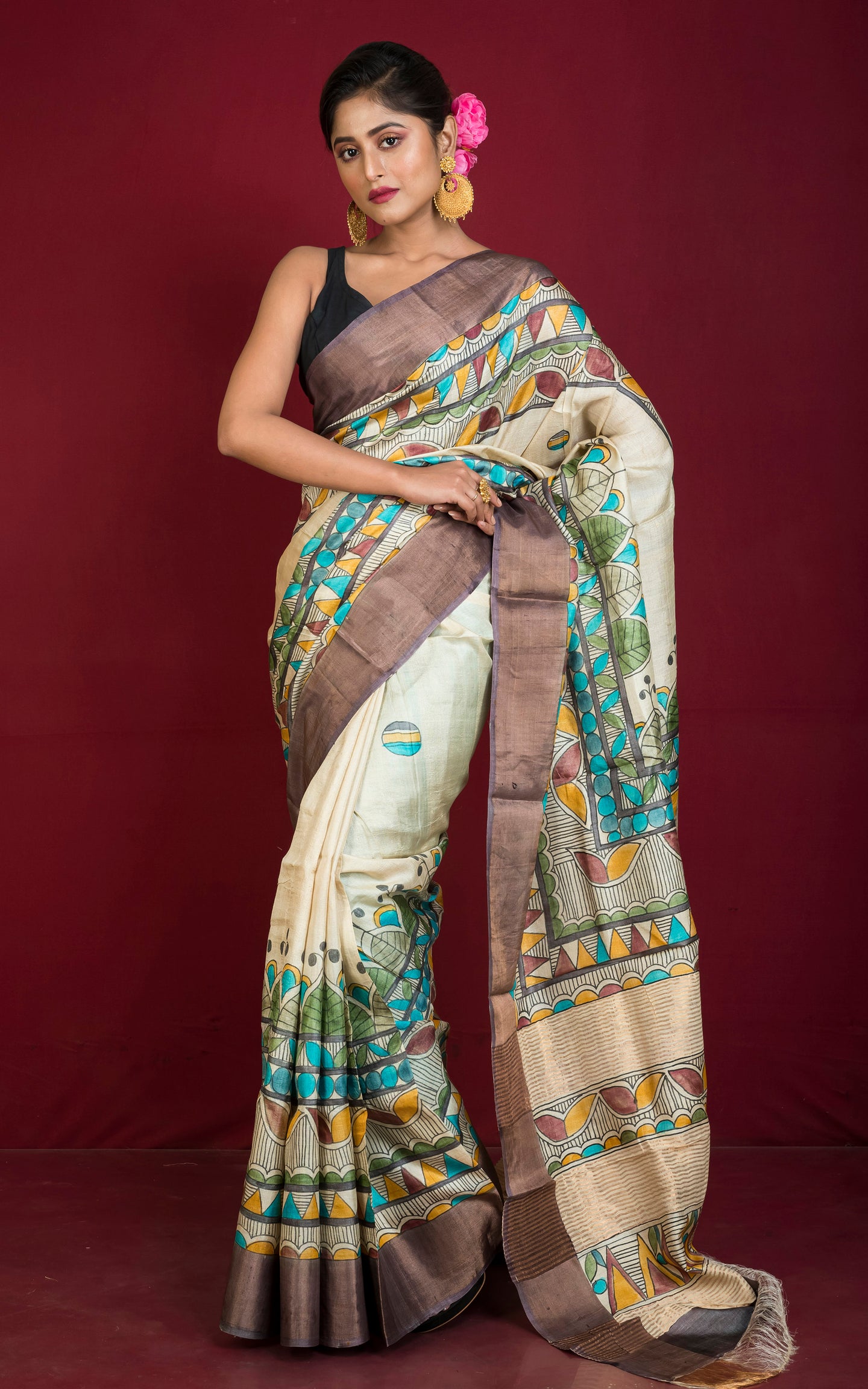 Printed Soft Tussar Silk Saree with Matte finish Zari Border in Beige, Dark Plum and Multicolored Prints