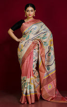 Kalamkari Batik Printed Soft Tussar Silk Saree in Peach, Parchment White, Brush Gold and Multicolored