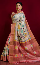 Kalamkari Batik Printed Soft Tussar Silk Saree in Peach, Parchment White, Brush Gold and Multicolored