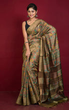 Kalamkari Printed Soft Tussar Silk Saree in Sandalwood Brown, Brush Gold and Multicolored