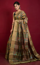 Kalamkari Printed Soft Tussar Silk Saree in Sandalwood Brown, Brush Gold and Multicolored