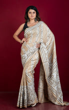 Premium Quality Hand Embroidery Katha Work on Pure Gachi Tussar Saree in Birch Beige, Black and Off White