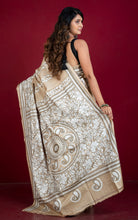 Premium Quality Hand Embroidery Katha Work on Pure Gachi Tussar Saree in Birch Beige, Black and Off White