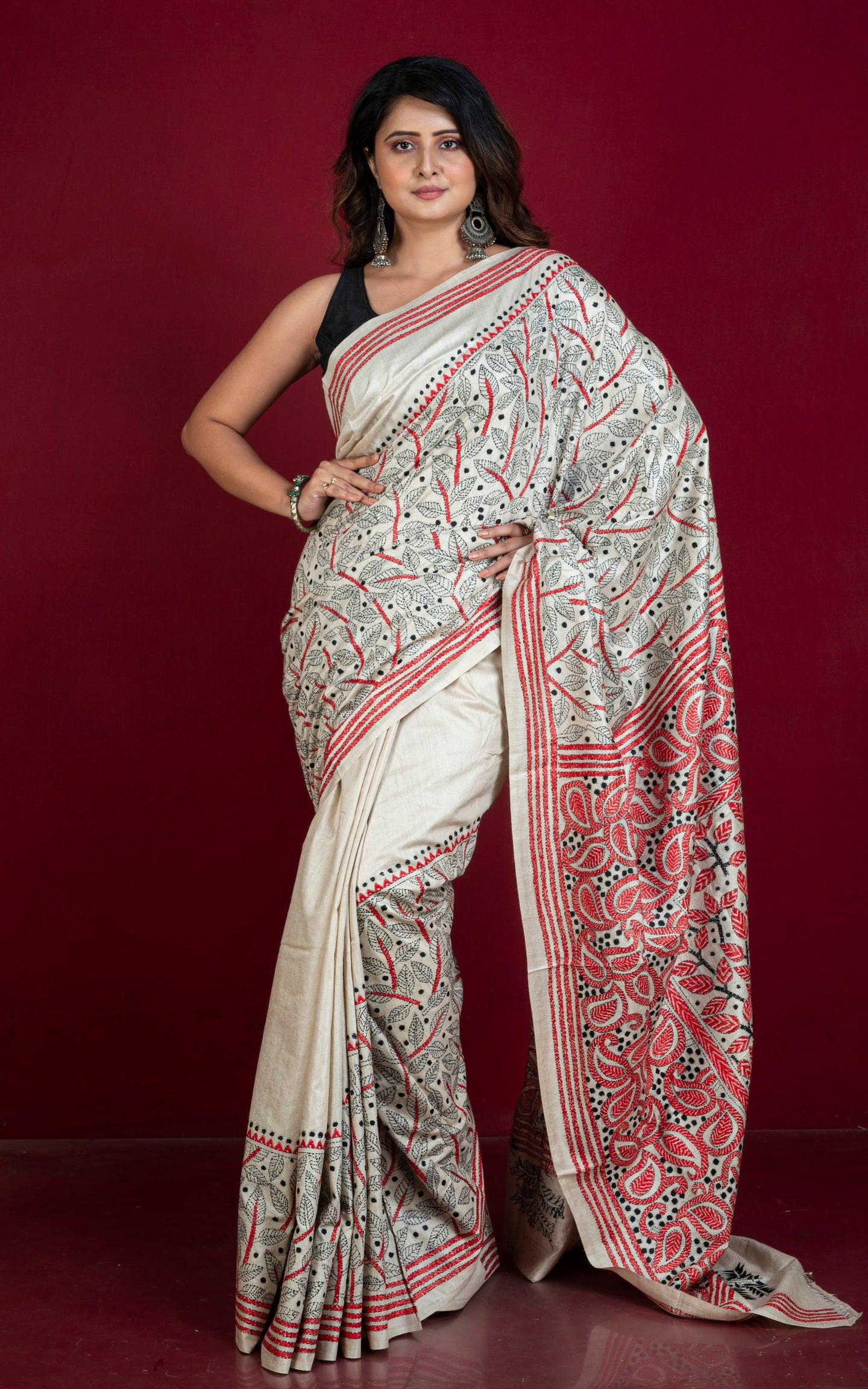 Premium Quality Hand Embroidery Katha Work on Pure Gachi Tussar Saree in Beige, Red and Black