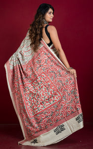 Premium Quality Hand Embroidery Katha Work on Pure Gachi Tussar Saree in Beige, Red and Black