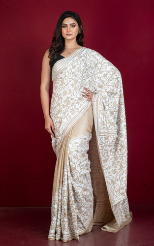 Premium Quality Hand Embroidery Reverse Katha Work on Pure Gachi Tussar Saree in Natural Beige and Off White