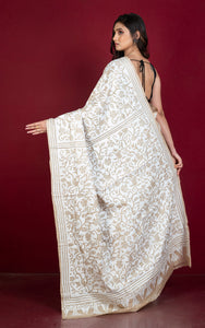 Premium Quality Hand Embroidery Reverse Katha Work on Pure Gachi Tussar Saree in Natural Beige and Off White