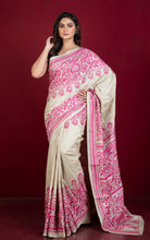 Premium Quality Hand Embroidery Kantha Work on Pure Gachi Tussar Saree in Beige and Hot Pink