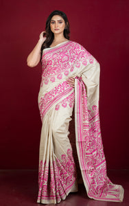 Premium Quality Hand Embroidery Kantha Work on Pure Gachi Tussar Saree in Beige and Hot Pink