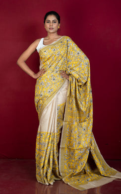 Premium Quality Hand Embroidery Reverse Katha Work on Pure Gachi Tussar Saree in Natural Beige, Black and Yellow