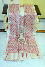 Premium Quality Equal Size Broad Border Gujarati Hand Embroidery Work on Pure Gachi Tussar Saree in Beige, Red, Maroon and Black Thread Work