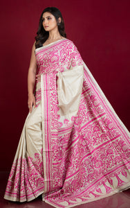 Premium Quality Hand Embroidery Kantha Work on Pure Gachi Tussar Saree in Beige and Hot Pink