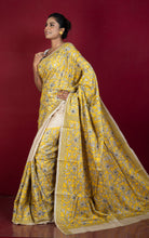 Premium Quality Hand Embroidery Reverse Katha Work on Pure Gachi Tussar Saree in Natural Beige, Black and Yellow
