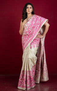 Premium Quality Hand Embroidery Kantha Work on Pure Gachi Tussar Saree in Beige and Hot Pink