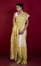 Premium Quality Hand Embroidery Reverse Katha Work on Pure Gachi Tussar Saree in Natural Beige, Black and Yellow
