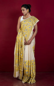 Premium Quality Hand Embroidery Reverse Katha Work on Pure Gachi Tussar Saree in Natural Beige, Black and Yellow