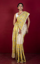 Premium Quality Hand Embroidery Reverse Katha Work on Pure Gachi Tussar Saree in Natural Beige, Black and Yellow