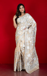 Premium Quality Hand Embroidery Katha Work on Pure Gachi Tussar Saree in Beige, Black and Off White