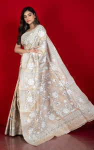 Premium Quality Hand Embroidery Katha Work on Pure Gachi Tussar Saree in Beige, Black and Off White