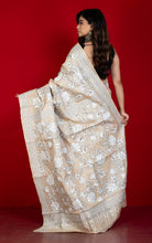 Premium Quality Hand Embroidery Katha Work on Pure Gachi Tussar Saree in Beige, Black and Off White
