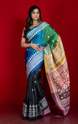 Multicolored Dyed Gachi Tussar Silk Hand Embroidery Kantha Stitch Saree in Black, White and Multicolored