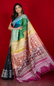 Multicolored Dyed Gachi Tussar Silk Hand Embroidery Kantha Stitch Saree in Black, White and Multicolored