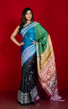 Multicolored Dyed Gachi Tussar Silk Hand Embroidery Kantha Stitch Saree in Black, White and Multicolored