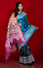 Multicolored Dyed Gachi Tussar Silk Hand Embroidery Kantha Stitch Saree in Black, White and Multicolored