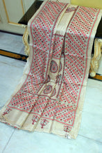 Premium Quality Equal Size Broad Border Gujarati Hand Embroidery Work on Pure Gachi Tussar Saree in Beige, Red, Maroon and Black Thread Work