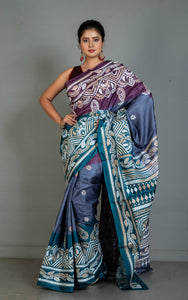 Color Dyed Gachi Tussar Silk Hand Embroidery Kantha Stitch Saree in Byzantium Purple, Slate Blue and Deep Sea Green