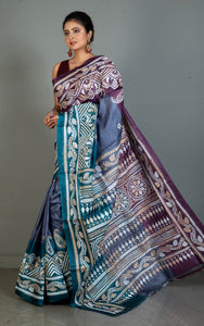 Color Dyed Gachi Tussar Silk Hand Embroidery Kantha Stitch Saree in Byzantium Purple, Slate Blue and Deep Sea Green