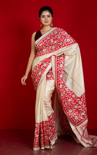 Premium Quality Hand Embroidery Katha Work on Pure Gachi Tussar Saree in Natural Beige, Black and Red